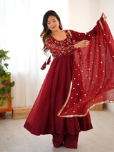 Graceful Red Silk Embroidery Work Gown